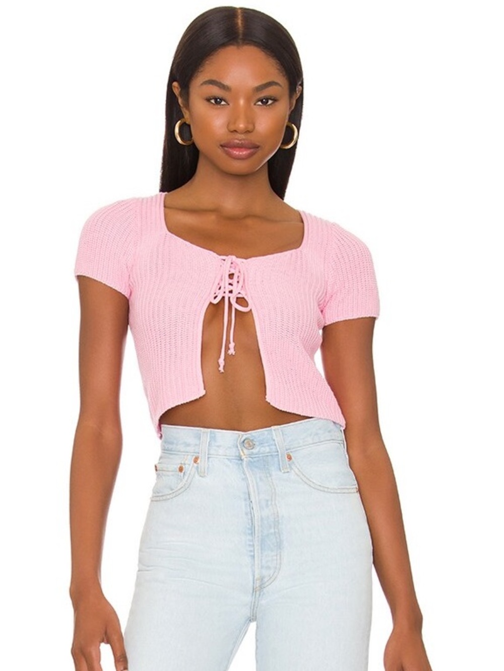 Revolve Superdown Audrey Knit Top Tie Front Crochet Pink Size Large